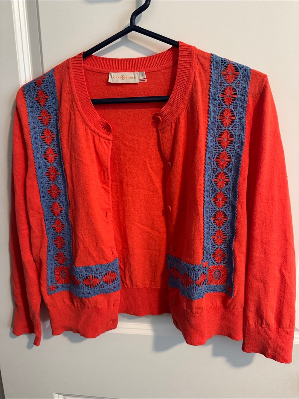 Tory Burch Coral/Orange Cardigan with Blue Crochet Panels